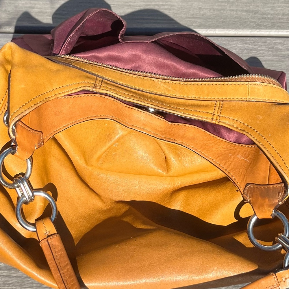Coach; Golden Brown Leather Hobo Bag; 3 Section; Burgundy Interior; Duel Handles - Picture 11 of 16